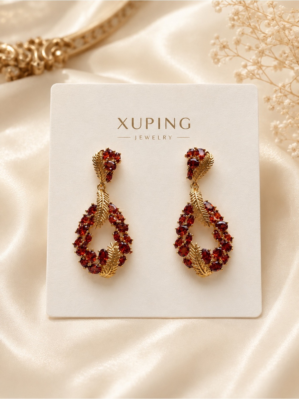 18K Gold Laminated Red Crystal Leaf Drop Earrings – Elegant Jewelry